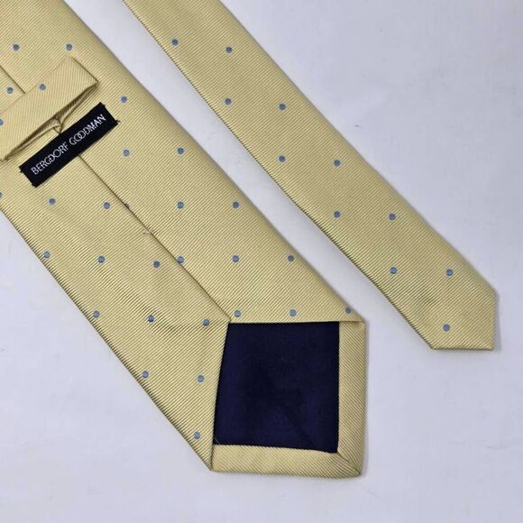 BERGDORF GOODMAN ENGLAND SILK TIE YELLOW BLUE POLKA DOT 3.75" X 60" HAND MADE - Picture 2 of 3